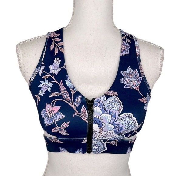 XAHARA Navy & Pink Floral Athletic Workout Razorback Sports Bra Size Small - Picture 1 of 7